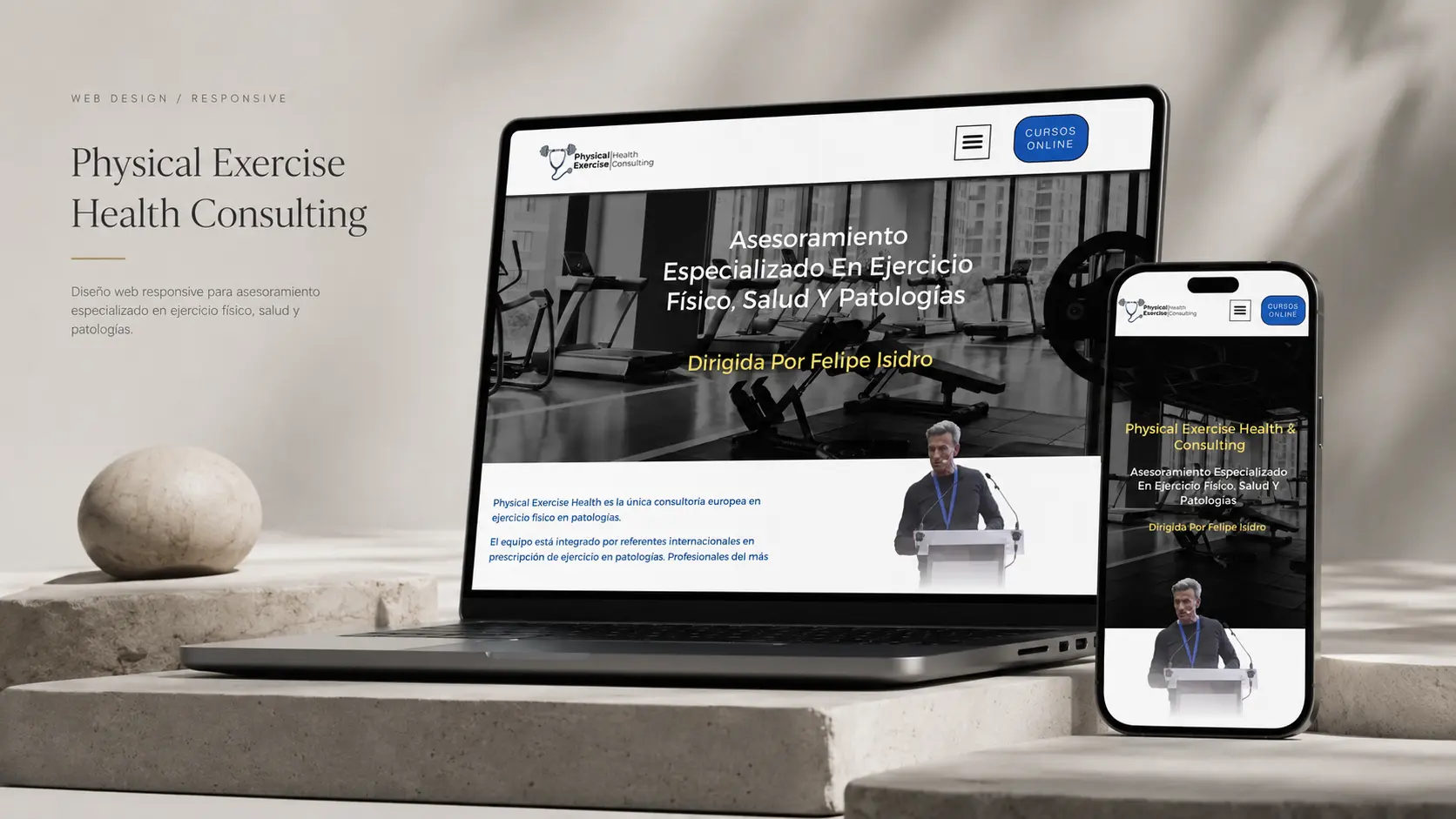 Diseño web responsive de Physical Exercise Health Consulting mostrado en ordenador portátil y teléfono móvil